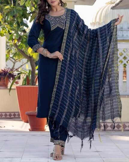 Women Woven Yoke Straight Kurta Set